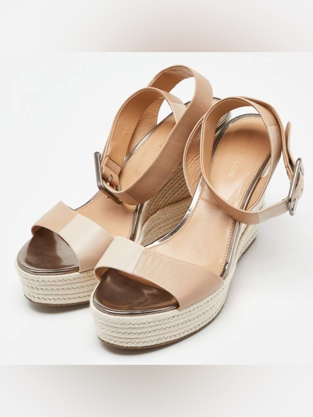 Sergio Rossi Tan Beige Brown Leather Espadrilles Wedges High Heel Sandals Shoes
